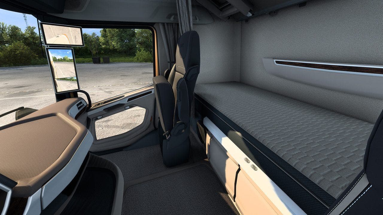 Euro Truck Simulator 2 cabin dashboard view for checking wheel rotation, pedals, camera height, and parking control