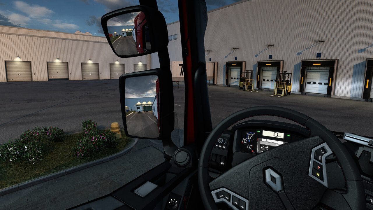 Euro Truck Simulator 2 cabin mirror view in a garage area for checking mirrors, camera position, and comfort settings