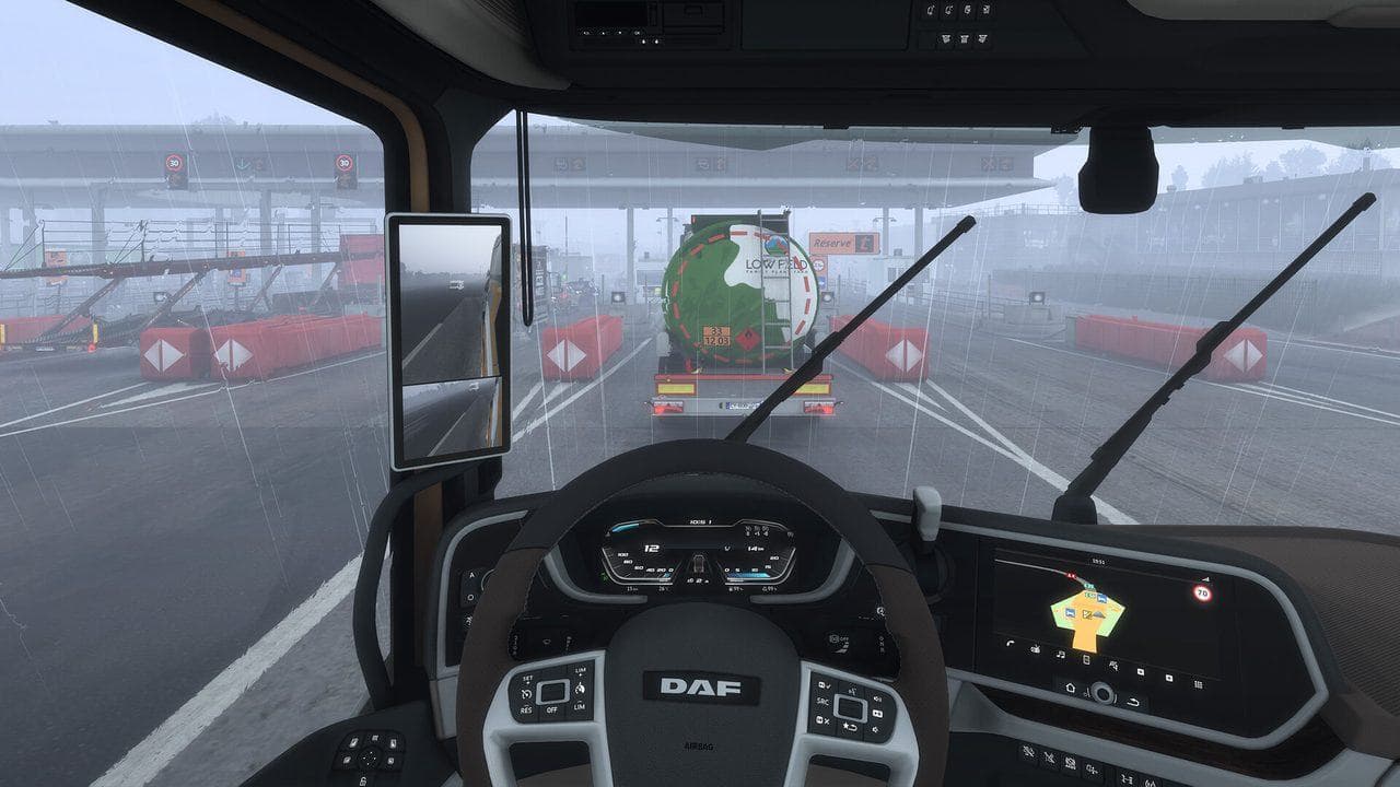 Euro Truck Simulator 2 cabin view with mirrors and route advisor for a beginner's first week of driving