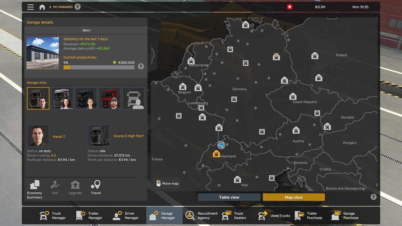 Euro Truck Simulator 2 driver and garage management interface for assigning trailers to hired drivers