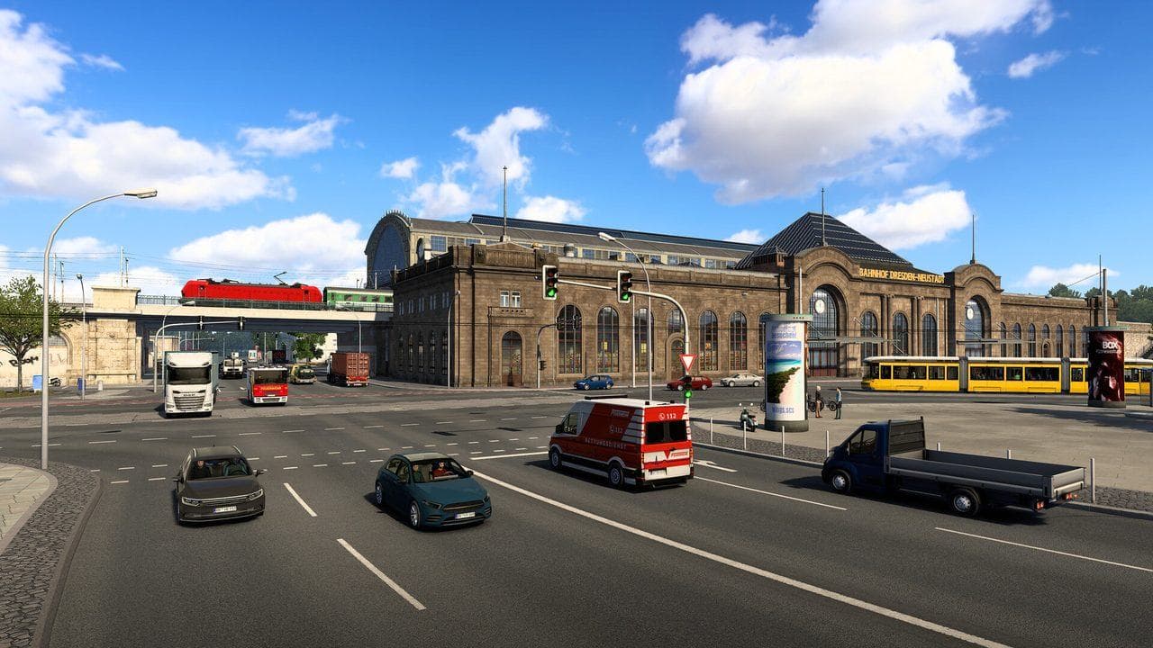 Euro Truck Simulator 2 urban road with traffic where drivers need to watch lanes and signals