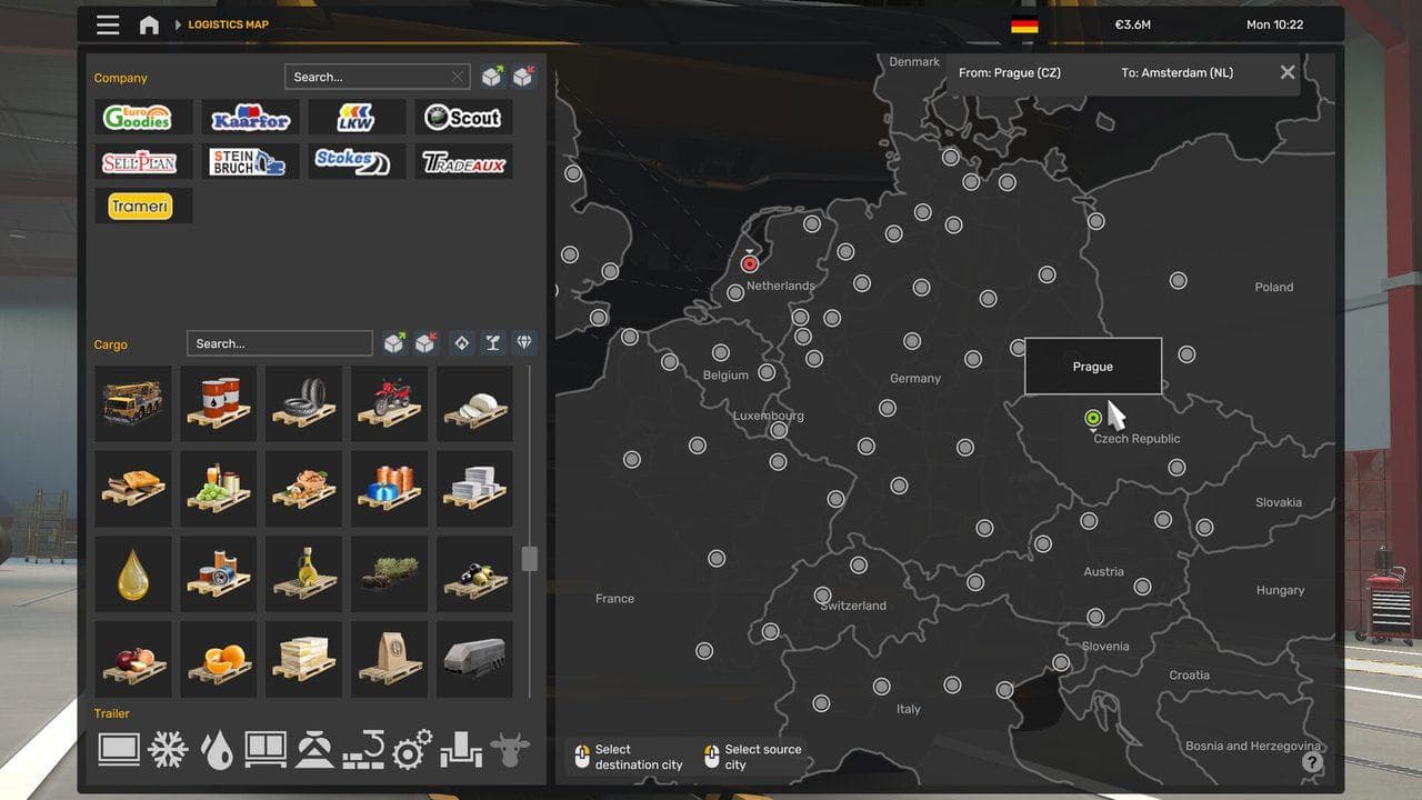 Euro Truck Simulator 2 freight market interface showing cargo choices for planning early career income