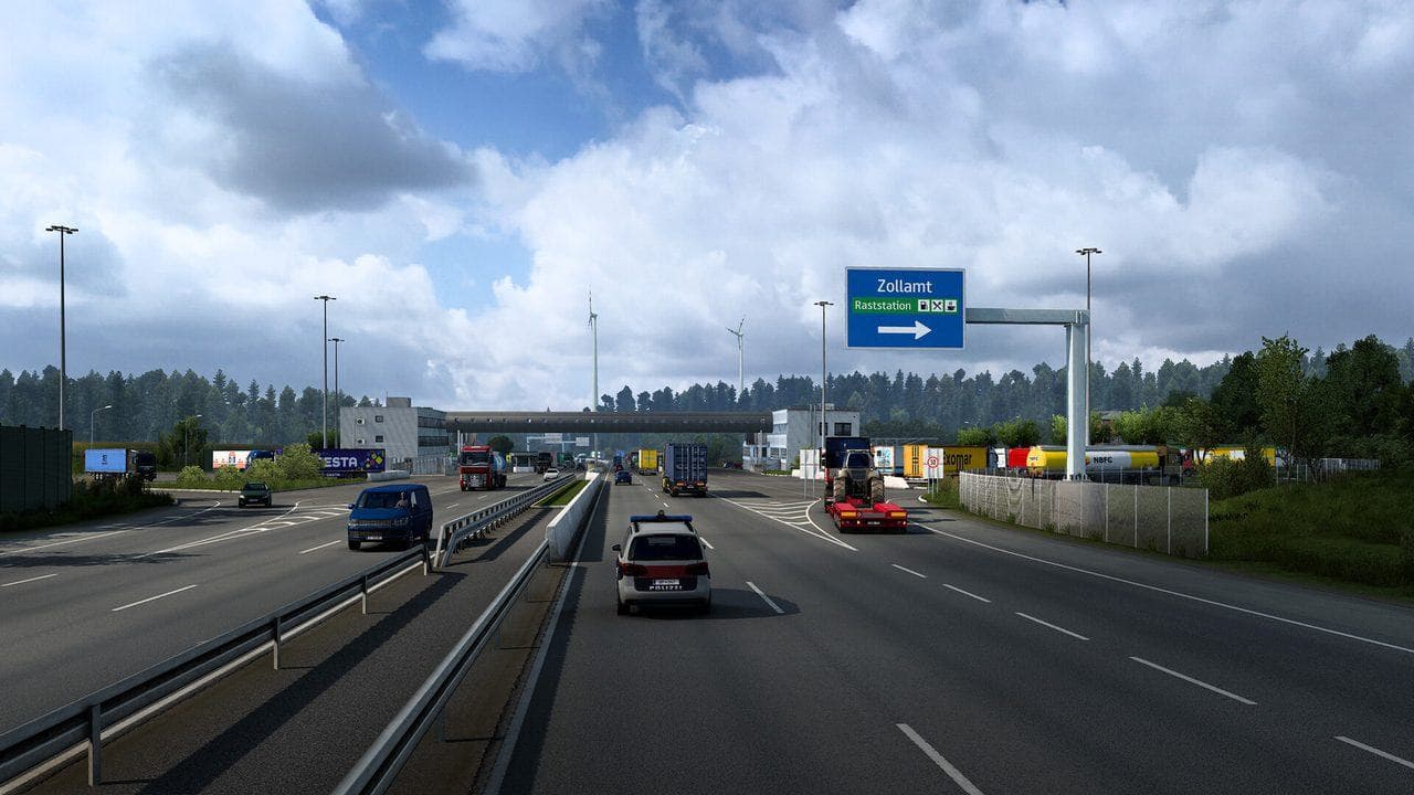 Euro Truck Simulator 2 motorway route with overhead signs for reviewing the 1.57 update