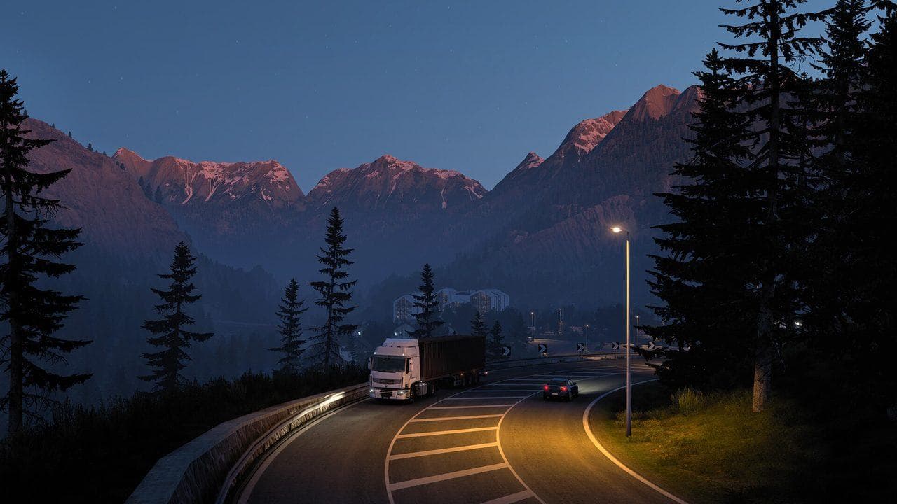 Euro Truck Simulator 2 night mountain road for themed long-haul radio stream sessions