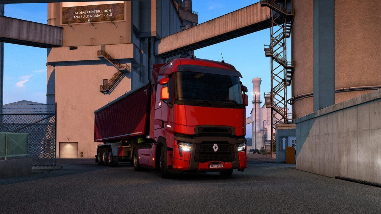 Euro Truck Simulator 2 red truck in an industrial yard for tracking future vehicle additions