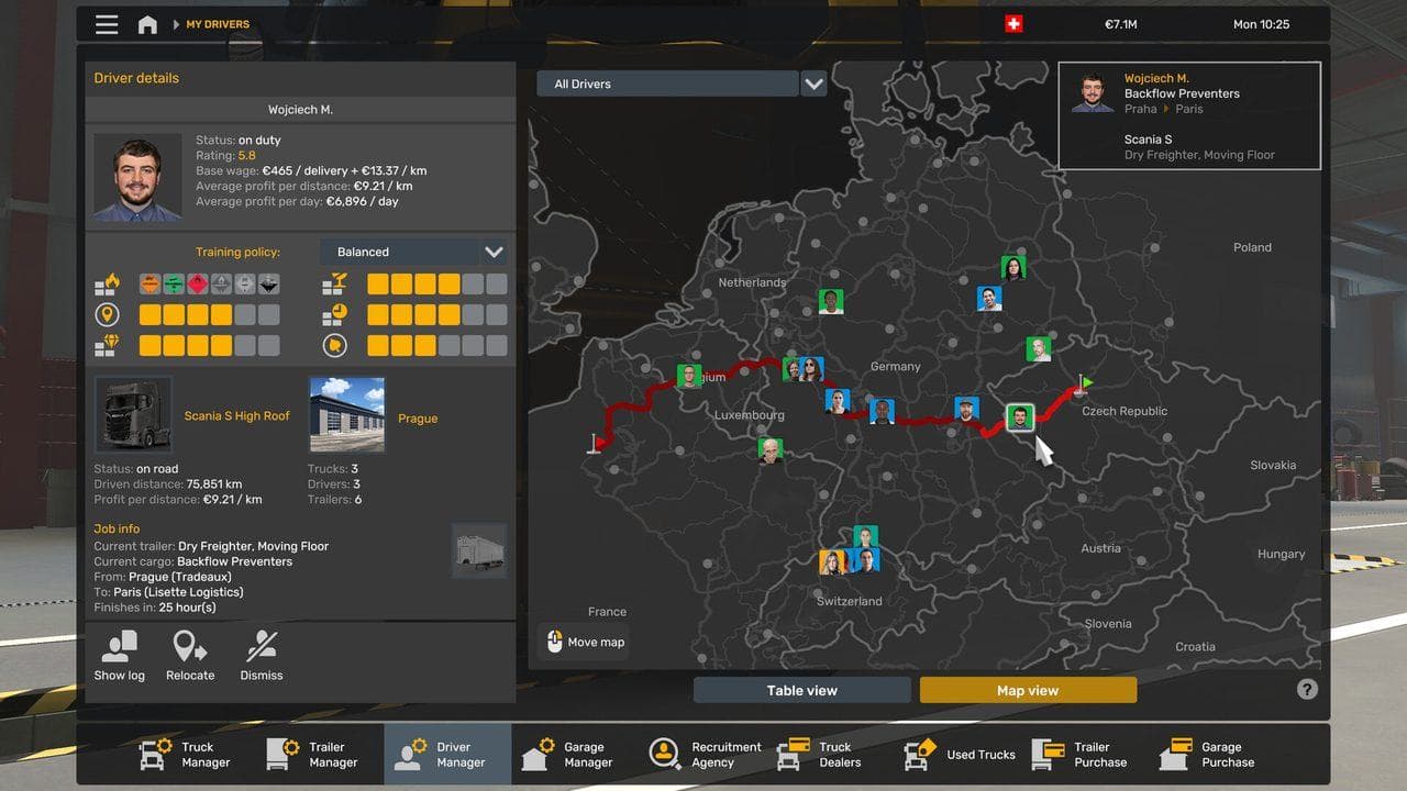Euro Truck Simulator 2 world map and company interface for planning updates, DLC, mods, and career progress