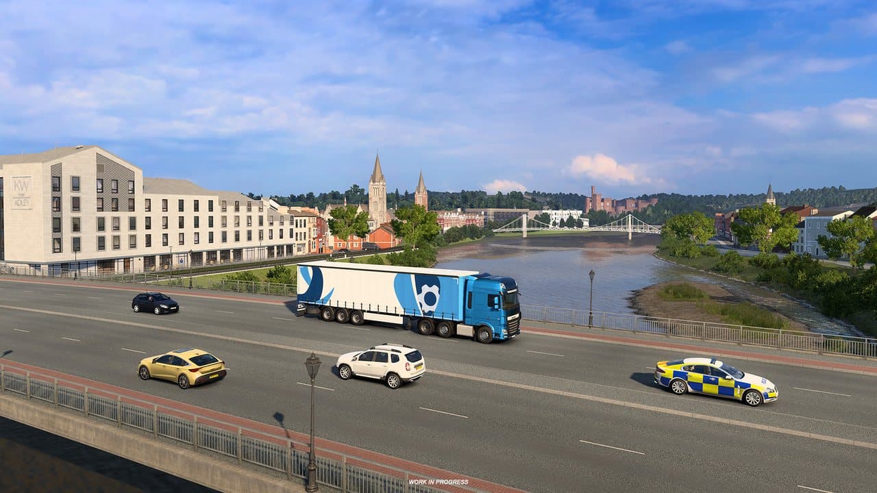 ETS2 truck driving through reworked Inverness beside the River Ness