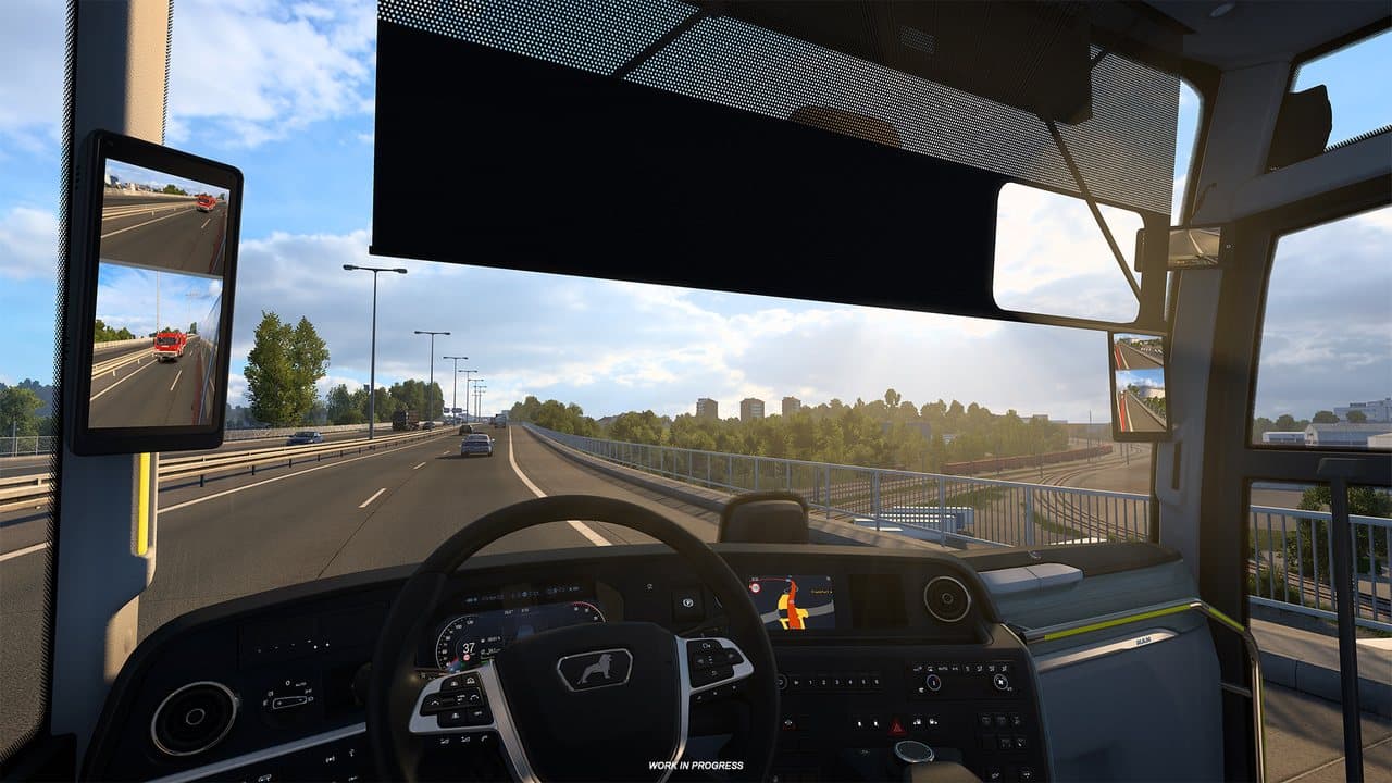 MAN Lion's Coach cockpit with digital mirrors and an adjustable sun visor in ETS2