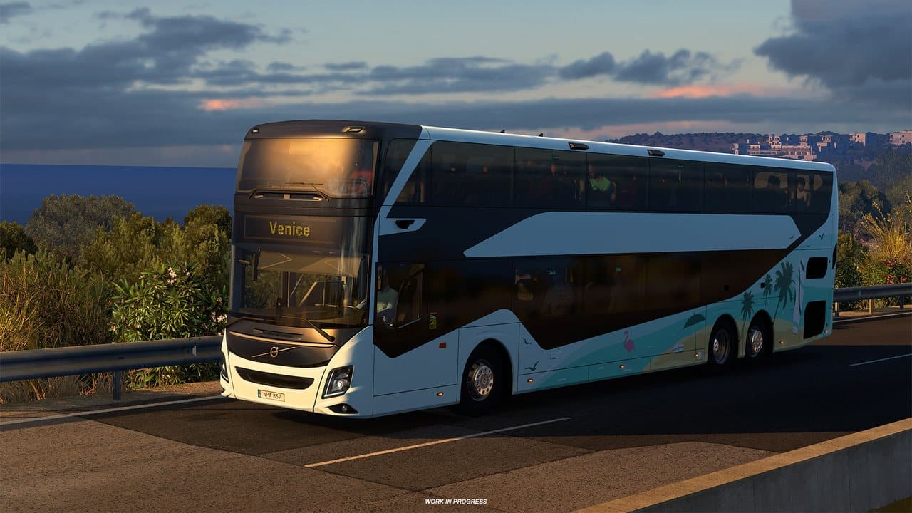 Volvo 9700 DD double-deck coach driving on a motorway in ETS2