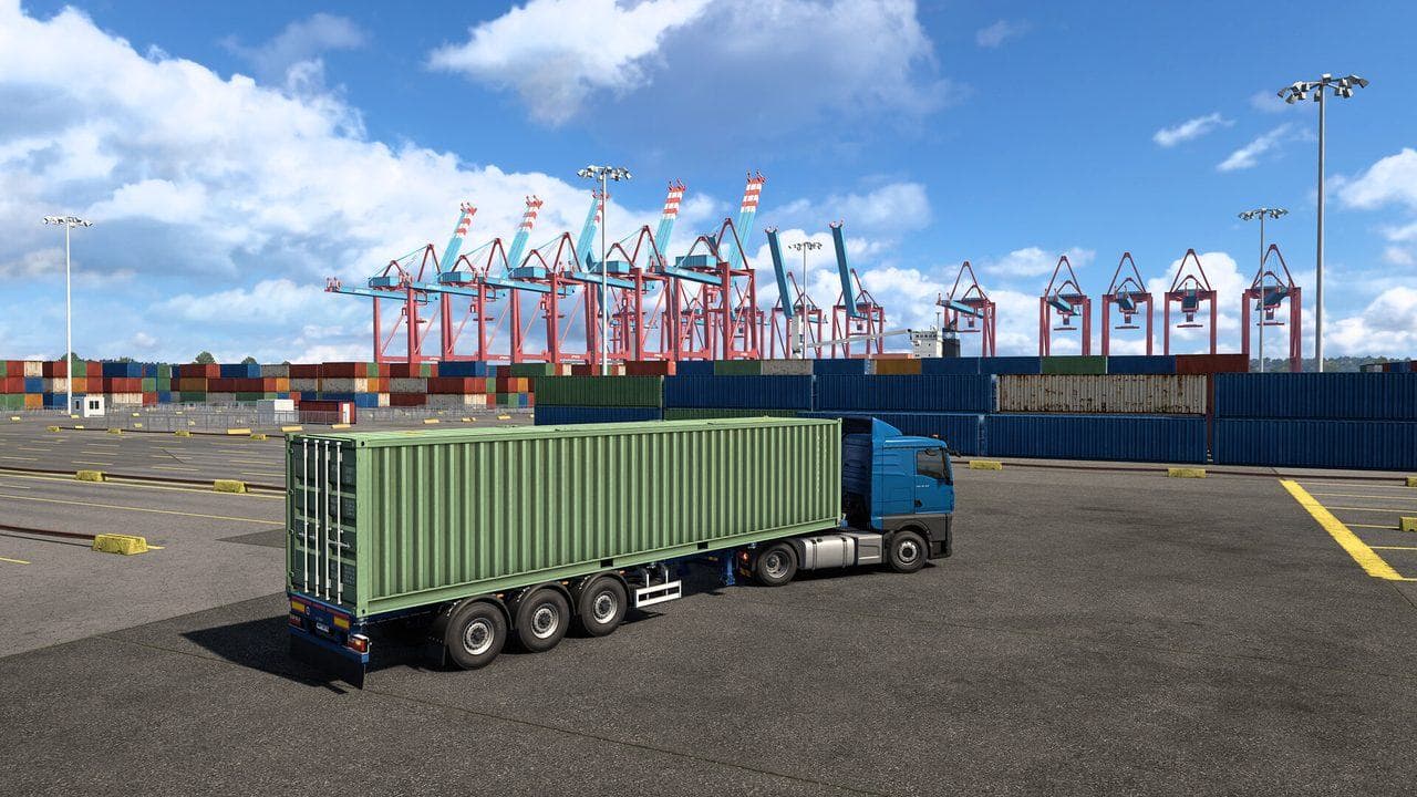 Euro Truck Simulator 2 container port yard with trailer freight suited to garage economy planning