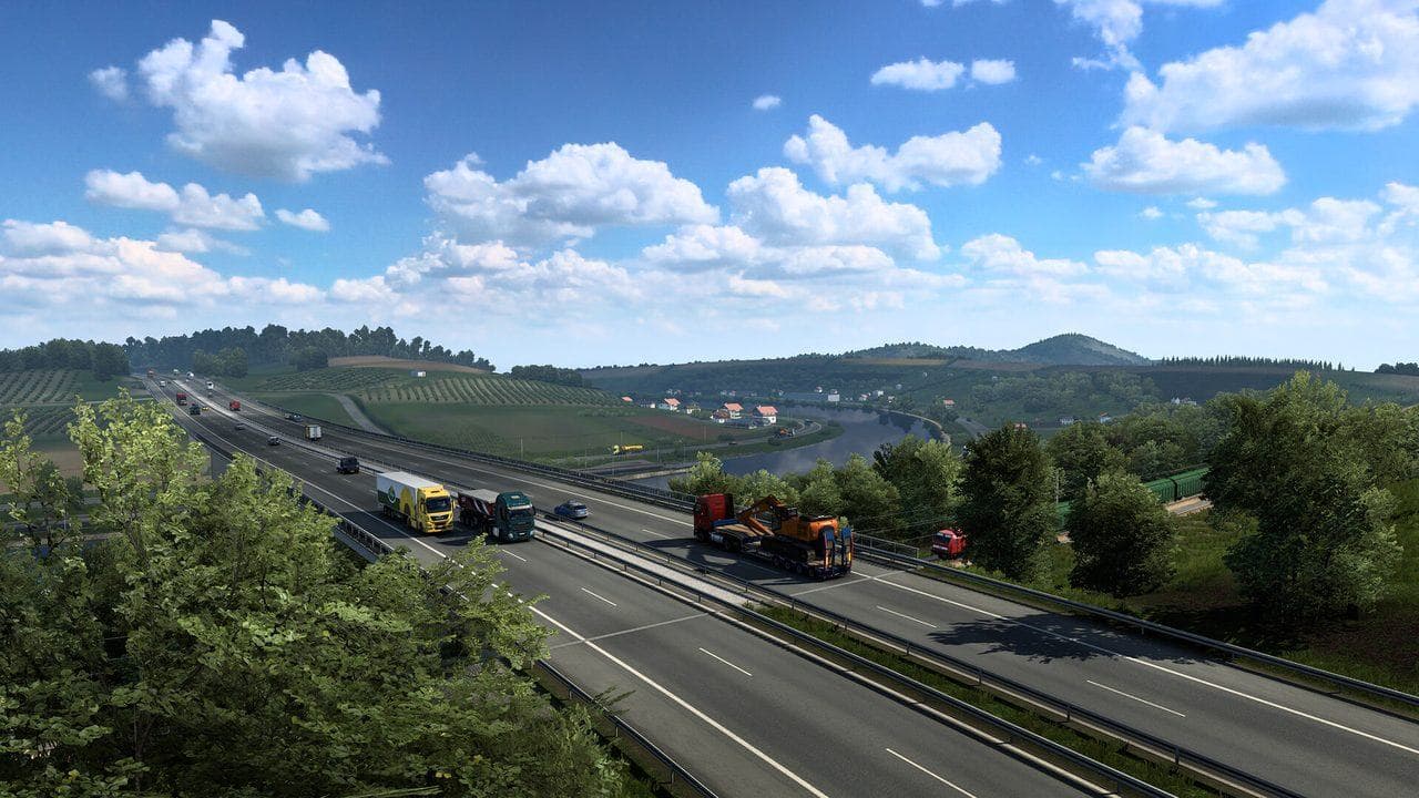 Euro Truck Simulator 2 countryside motorway route showing the travel variety added by map DLC