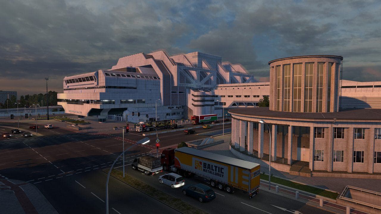 Euro Truck Simulator 2 evening industrial city route with freight traffic before choosing a delivery job