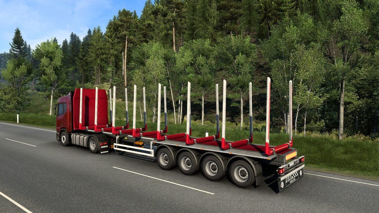 Euro Truck Simulator 2 logging trailer on a forest road as an example of specialized cargo variety