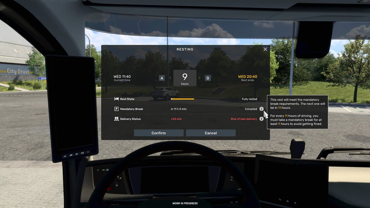 ETS2 1.60 rest planner showing wake-time choices and a nine-hour rest option