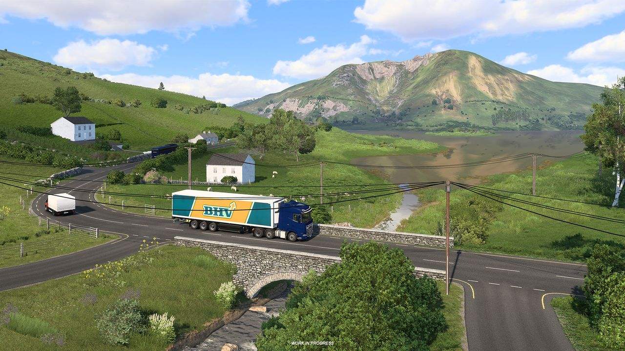 ETS2 truck driving through green mountain scenery on the Isle of Ireland N59