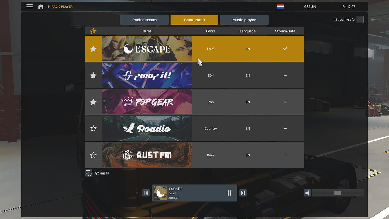 ETS2 Game Radio menu showing five built-in stations