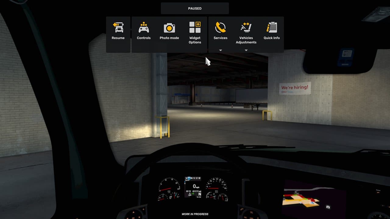 ETS2 1.61 In-Game Menu showing driving and truck function categories
